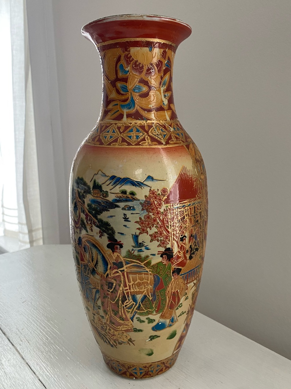 Vintage Japanese Satsuma Style Porcelain Vase Gilt Moriah’s & Geisha Scene